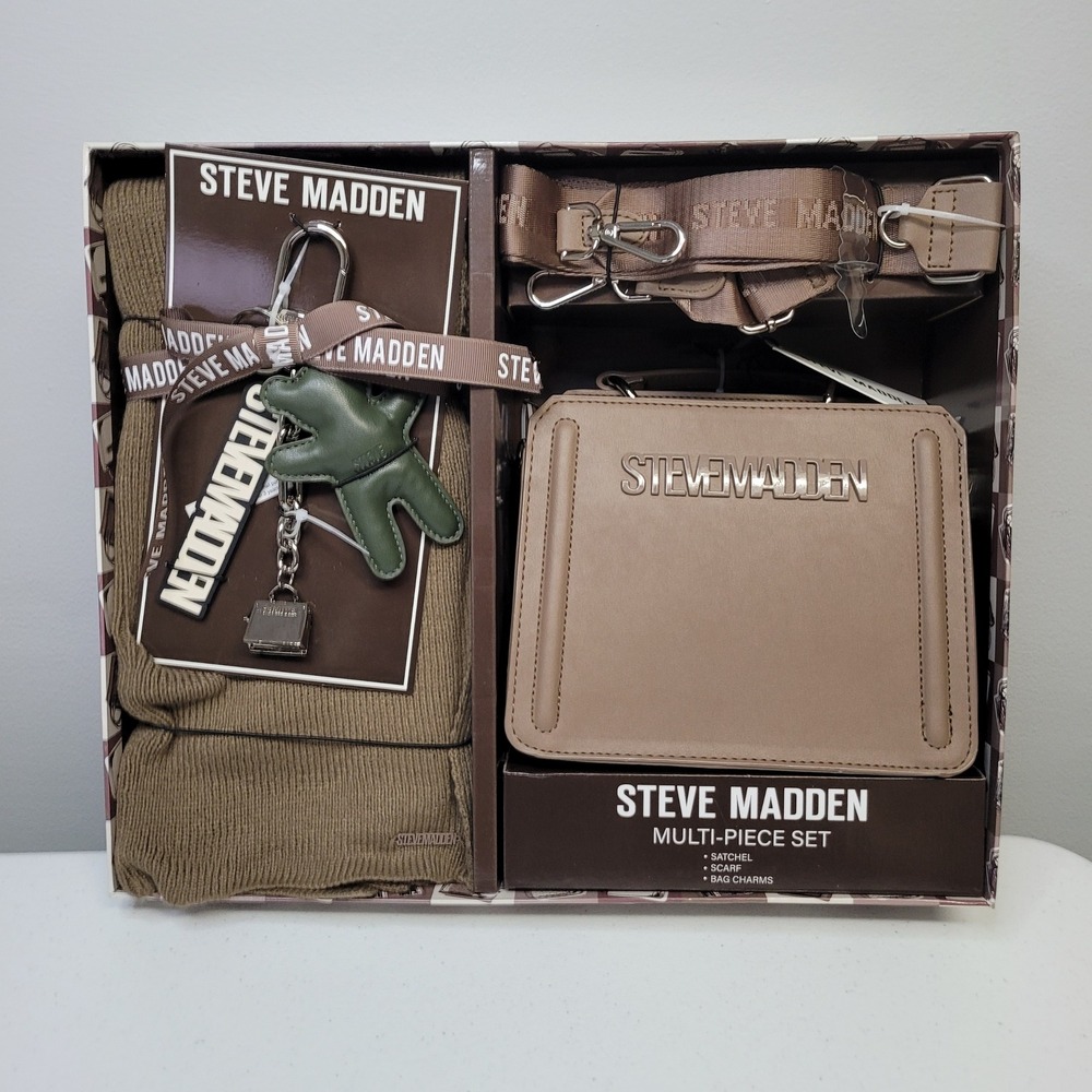 Steve Madden Multi Piece Satchel Scarf Bag Charms Set Taupe Green